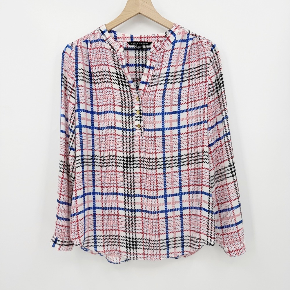 Zac & Rachel Plaid Blouse S Red Blue White
Roll Tab Sleeve Americana Patriotic